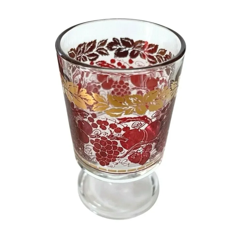Vintage Red & Fold Motif Footed Glasses Set of 6 Retro Mid Century Barware Drink